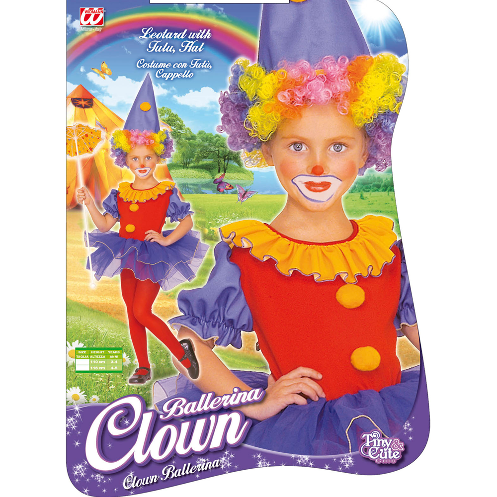 VESTITO CARNEVALE + ACCESSORI CLOWN BALLERINA COSTUME PARRUCCA SET TRUCCO CON NASO 4/5 ANNI TRAVESTIMENTO - 4377+74590+4044N