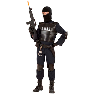 VESTITO CARNEVALE + ACCESSORI AGENTE SWAT COSTUME GIUBOTTO ANTIPROIETTILE FUCILE ELMO MANETTE 11/13 ANNI TRAVESTIMENTO - 5534+28225+7084M+2413D