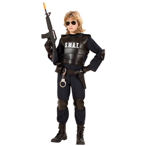 VESTITO CARNEVALE + ACCESSORI AGENTE SWAT COSTUME GIUBOTTO ANTIPROIETTILE FUCILE ELMO MANETTE 11/13 ANNI TRAVESTIMENTO - 5534+28225+7084M+2413D