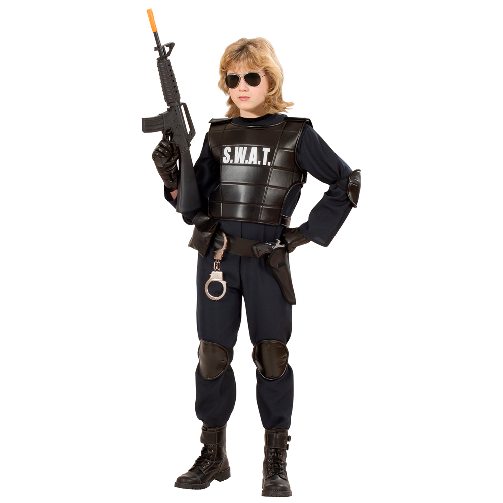VESTITO CARNEVALE + ACCESSORI AGENTE SWAT COSTUME GIUBOTTO ANTIPROIETTILE FUCILE ELMO MANETTE 11/13 ANNI TRAVESTIMENTO - 5534+28225+7084M+2413D