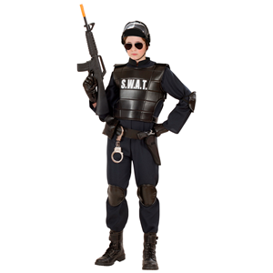 VESTITO CARNEVALE + ACCESSORI AGENTE SWAT COSTUME GIUBOTTO ANTIPROIETTILE FUCILE ELMO MANETTE 11/13 ANNI TRAVESTIMENTO - 5534+28225+7084M+2413D