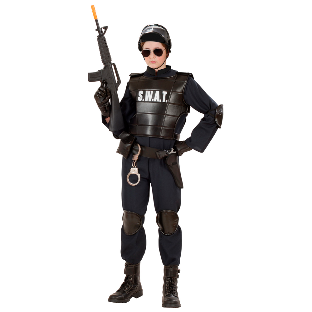 VESTITO CARNEVALE + ACCESSORI AGENTE SWAT COSTUME GIUBOTTO ANTIPROIETTILE FUCILE ELMO MANETTE 11/13 ANNI TRAVESTIMENTO - 5534+28225+7084M+2413D