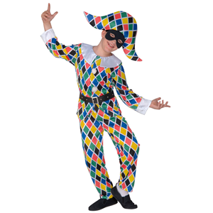 VESTITO CARNEVALE + ACCESSORI ARLECCHINO COSTUME MASCHERA TRAVESTIMENTO (5/7 ANNI)
