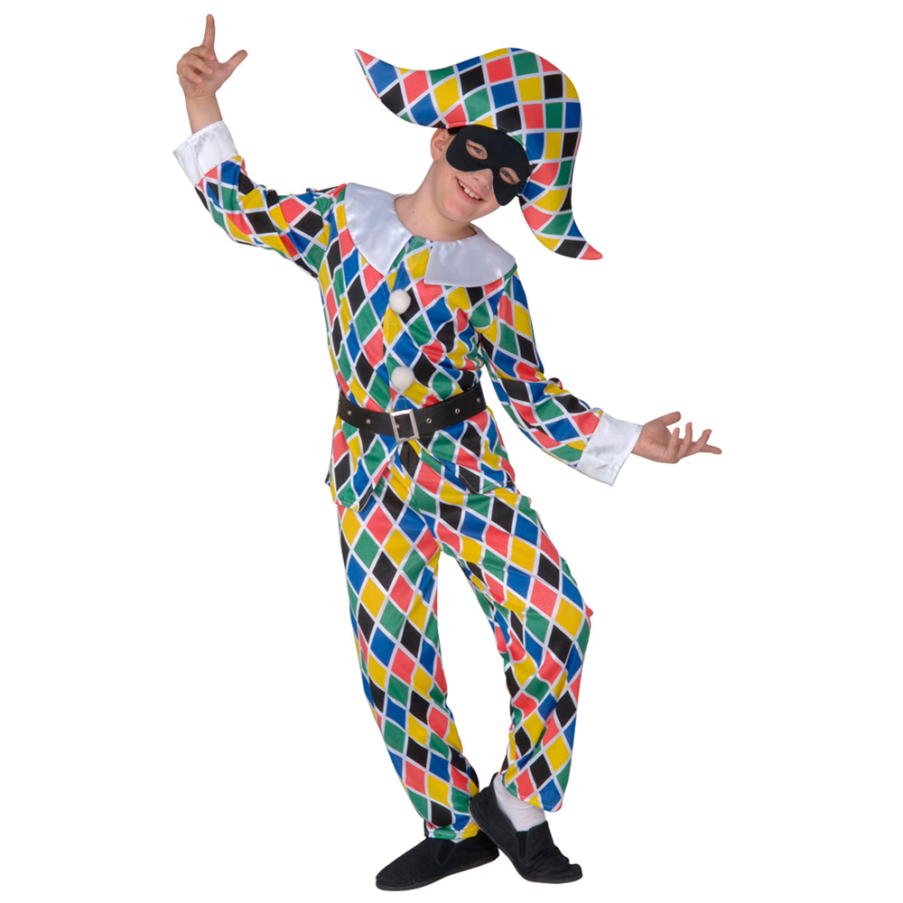VESTITO CARNEVALE + ACCESSORI ARLECCHINO COSTUME MASCHERA TRAVESTIMENTO (5/7 ANNI)