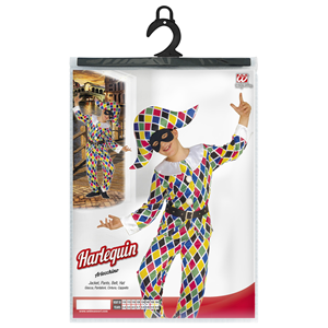 VESTITO CARNEVALE + ACCESSORI ARLECCHINO COSTUME MASCHERA TRAVESTIMENTO (5/7 ANNI)