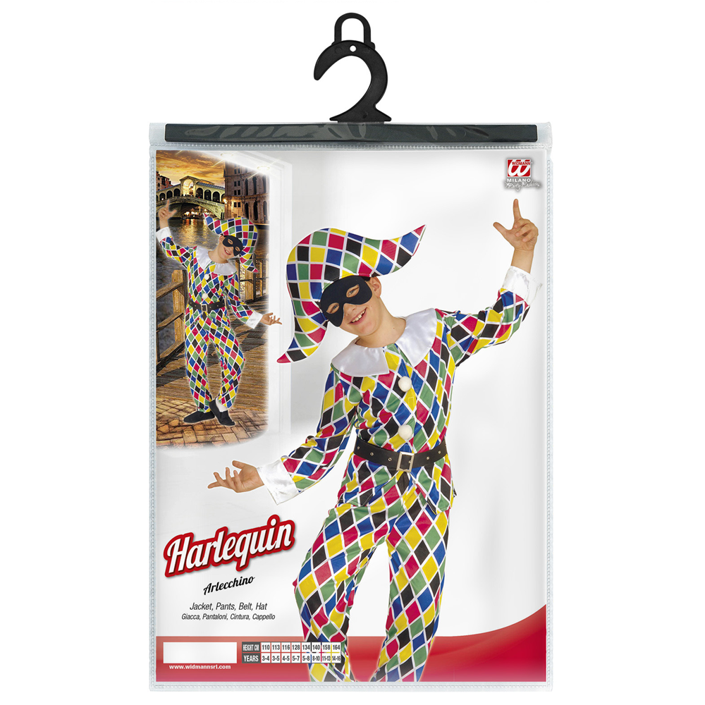 VESTITO CARNEVALE + ACCESSORI ARLECCHINO COSTUME MASCHERA TRAVESTIMENTO (5/7 ANNI)