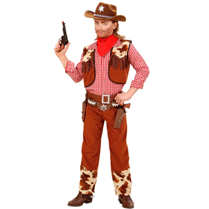 VESTITO CARNEVALE + ACCESSORI COWBOY COSTUME CAPPELLO PISTOLA CON SUONO 8/10 ANNI TRAVESTIMENTO - 5880+2475K+2783P