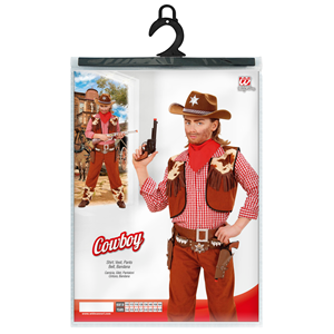 VESTITO CARNEVALE + ACCESSORI COWBOY COSTUME CAPPELLO PISTOLA CON SUONO 8/10 ANNI TRAVESTIMENTO - 5880+2475K+2783P