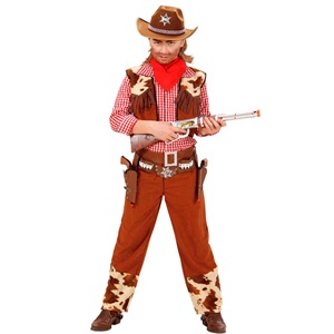 VESTITO CARNEVALE + ACCESSORI COWBOY COSTUME CAPPELLO PISTOLA CON SUONO 8/10 ANNI TRAVESTIMENTO - 5880+2475K+2783P