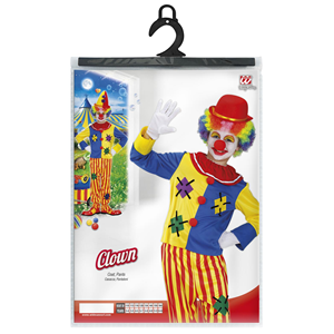 VESTITO CARNEVALE + ACCESSORI PAGLIACCIO COSTUME CAPPELLO PARRUCCA TROMBA SET TRUCCO CON NASO 8/10 ANNI TRAVESTIMENTO - 7651+32631+2720T+74590+4044N 