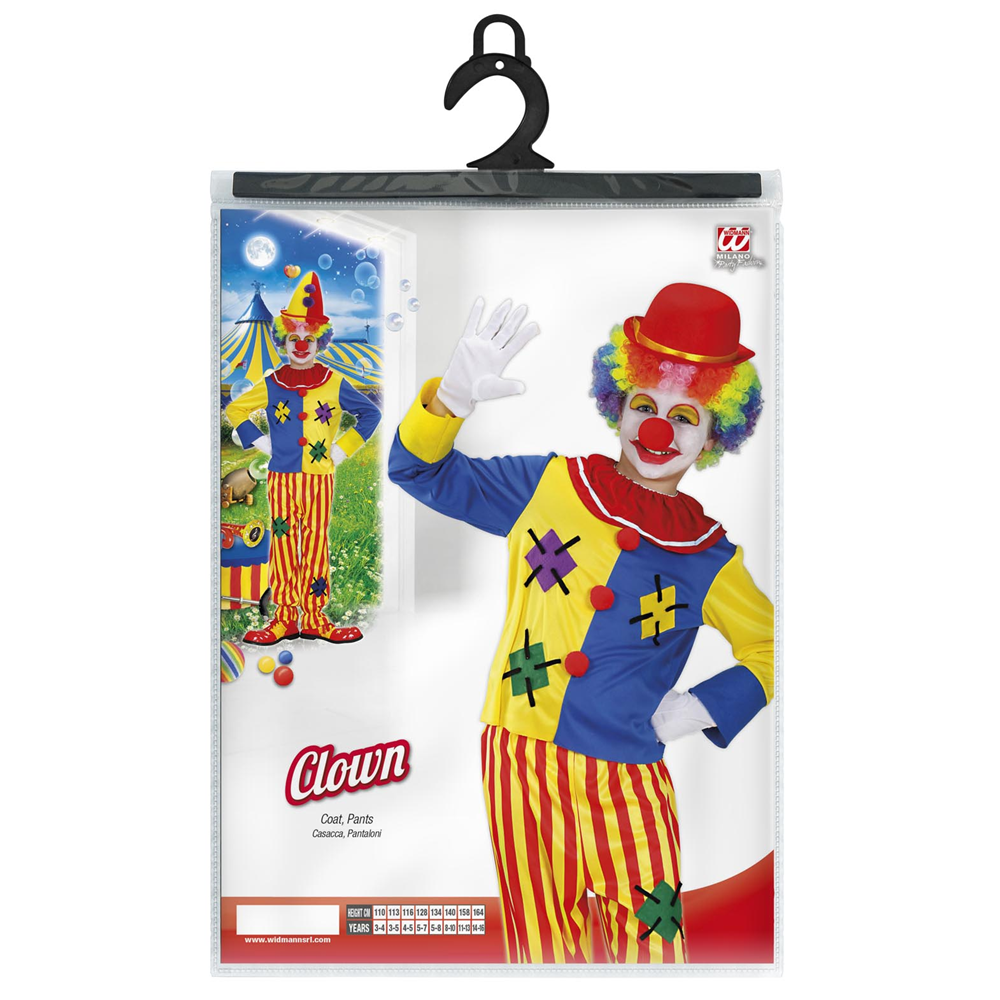 VESTITO CARNEVALE + ACCESSORI PAGLIACCIO COSTUME CAPPELLO PARRUCCA TROMBA SET TRUCCO CON NASO 8/10 ANNI TRAVESTIMENTO - 7651+32631+2720T+74590+4044N 
