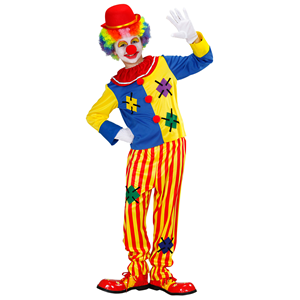 VESTITO CARNEVALE + ACCESSORI PAGLIACCIO COSTUME CAPPELLO PARRUCCA TROMBA SET TRUCCO CON NASO 8/10 ANNI TRAVESTIMENTO - 7651+32631+2720T+74590+4044N 