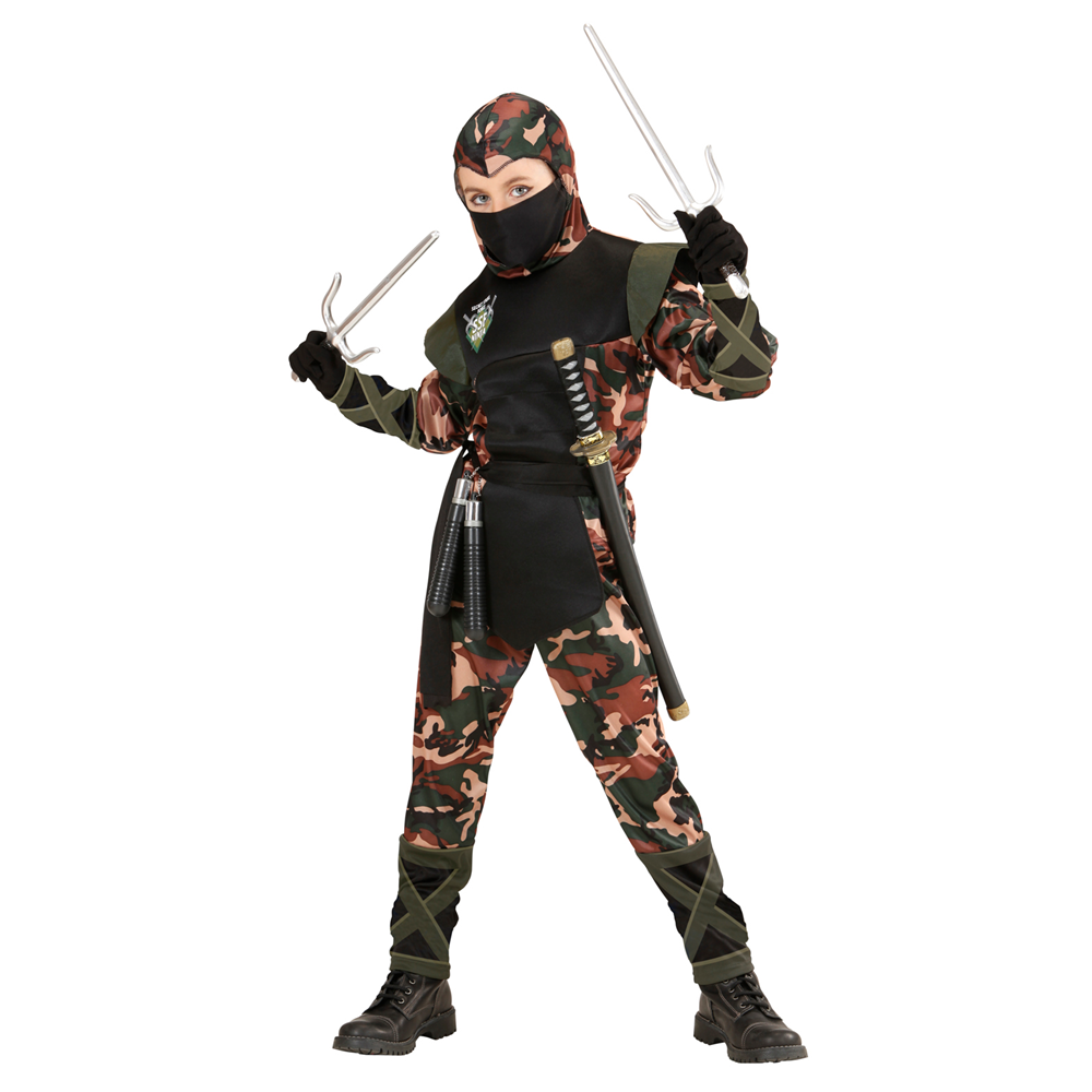 VESTITO CARNEVALE + ACCESSORI SOLDATO NINJA COSTUME NUNCHAKU SPADA SAI SPADA GIAPPONESE NINJA CON FODERO 8/10 ANNI TRAVESTIMENTO - 7652+6766N+8711S+2728Q 