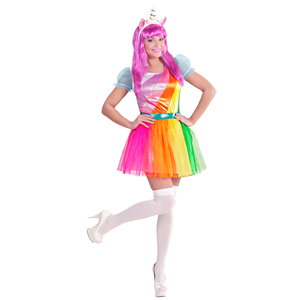 VESTITO CARNEVALE + ACCESSORI UNICORNO ABITO COPRICAPO PARRUCCA TRAVESTIMENTO (S)