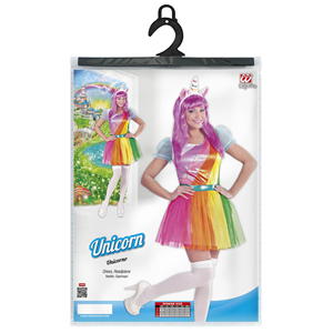 VESTITO CARNEVALE + ACCESSORI UNICORNO ABITO COPRICAPO PARRUCCA TRAVESTIMENTO (S)