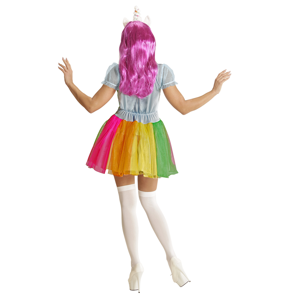 VESTITO CARNEVALE + ACCESSORI UNICORNO ABITO COPRICAPO PARRUCCA TRAVESTIMENTO (S)
