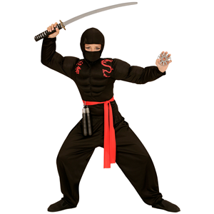 VESTITO CARNEVALE + ACCESSORI SUPER NINJA MUSCOLOSO COSTUME NUNCHAKU SPADA GIAPPONESE CON FODERO SET ARMI 11/13 ANNI TRAVESTIMENTO - 0052+6766N+2728Q+01025