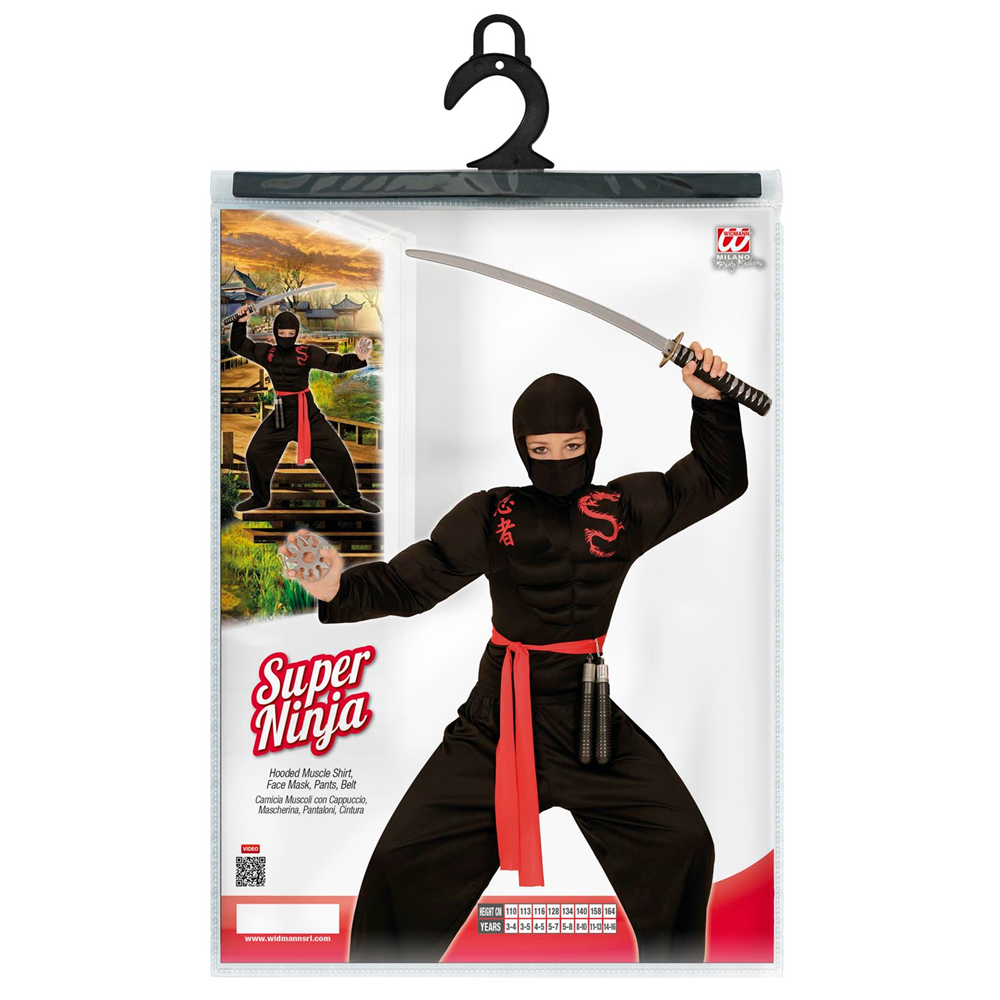 VESTITO CARNEVALE + ACCESSORI SUPER NINJA MUSCOLOSO COSTUME NUNCHAKU SPADA GIAPPONESE CON FODERO SET ARMI 11/13 ANNI TRAVESTIMENTO - 0052+6766N+2728Q+01025