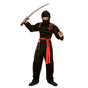 VESTITO CARNEVALE + ACCESSORI SUPER NINJA MUSCOLOSO COSTUME NUNCHAKU SPADA GIAPPONESE CON FODERO SET ARMI 11/13 ANNI TRAVESTIMENTO - 0052+6766N+2728Q+01025