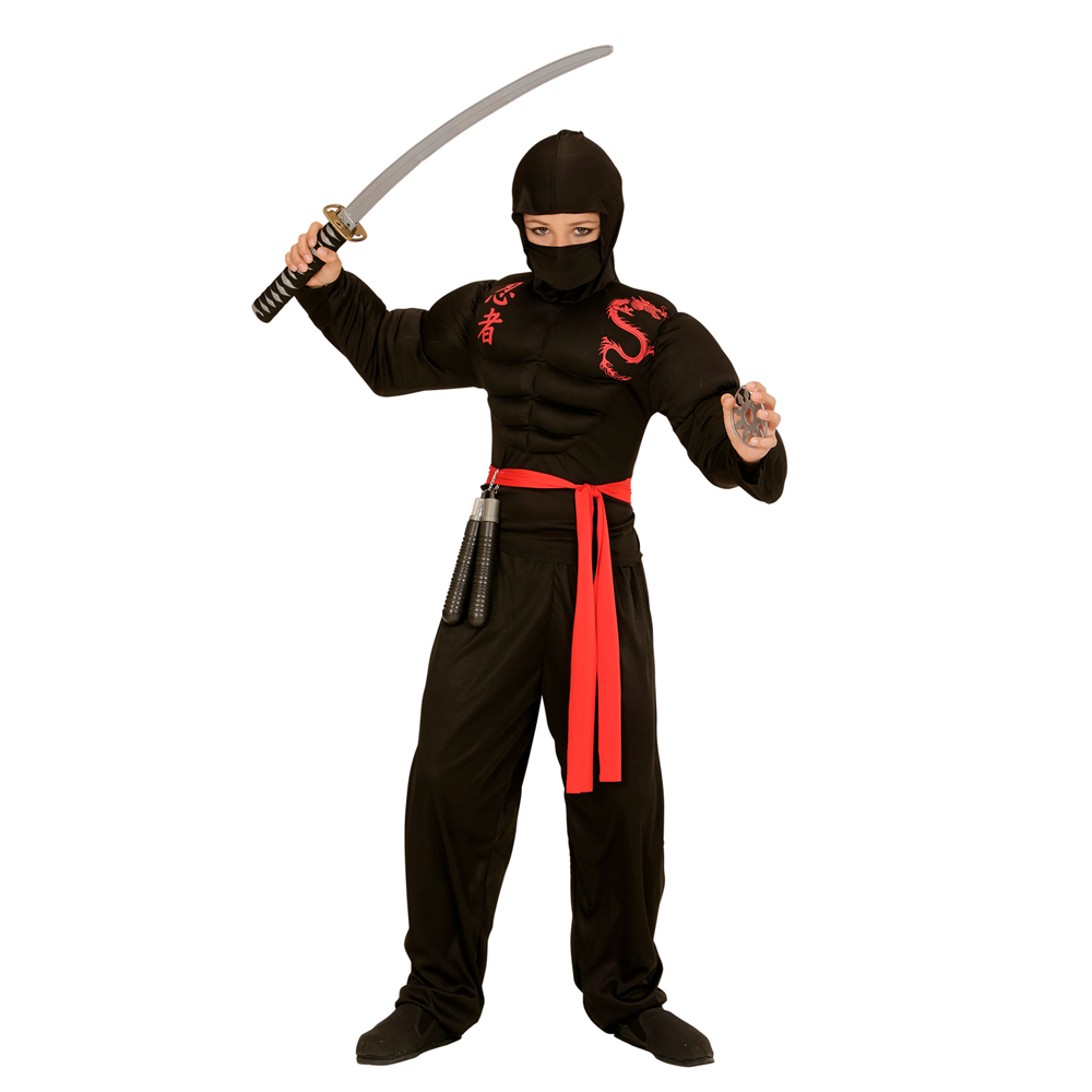 VESTITO CARNEVALE + ACCESSORI SUPER NINJA MUSCOLOSO COSTUME NUNCHAKU SPADA GIAPPONESE CON FODERO SET ARMI 11/13 ANNI TRAVESTIMENTO - 0052+6766N+2728Q+01025