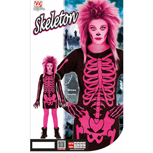COSTUME VESTITO ABITO TRAVESTIMENTO CARNEVALE HALLOWEEN BAMBINA SCHELETRO ROSA - 0037