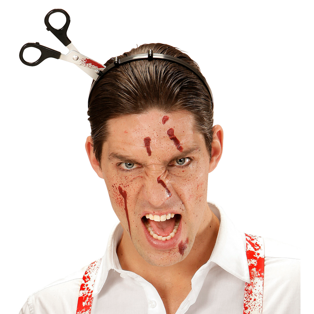 FORBICI INSANGUINATE IN TESTA ACCESSORI PER ABITO VESTITO TRAVESTIMENTO CARNEVALE HALLOWEEN 