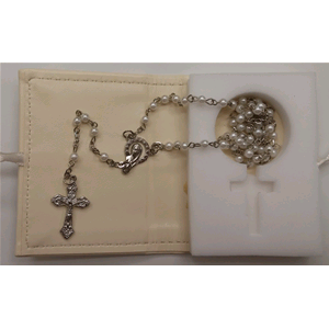 ROSARIO CON SCATOLA IN PELLE E ARGENTO BOMBONIERA PANNA CM. 9X5X2 - 2868000