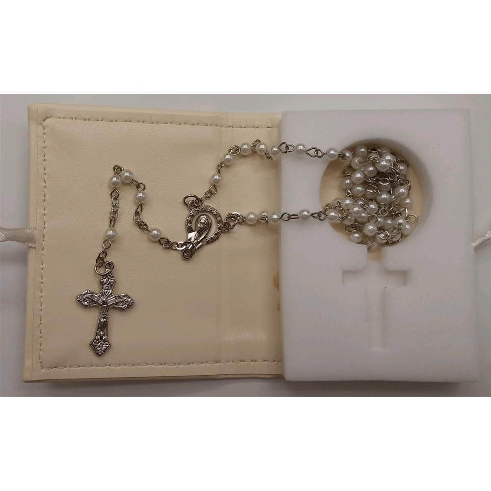 ROSARIO CON SCATOLA IN PELLE E ARGENTO BOMBONIERA PANNA CM. 9X5X2 - 2868000