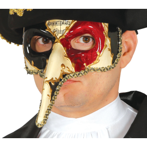 MASCHERA VENEZIANA NASO LUNGO DECORATA CON NOTE MUSICALI ACCESSORIO CARNEVALE - 12925