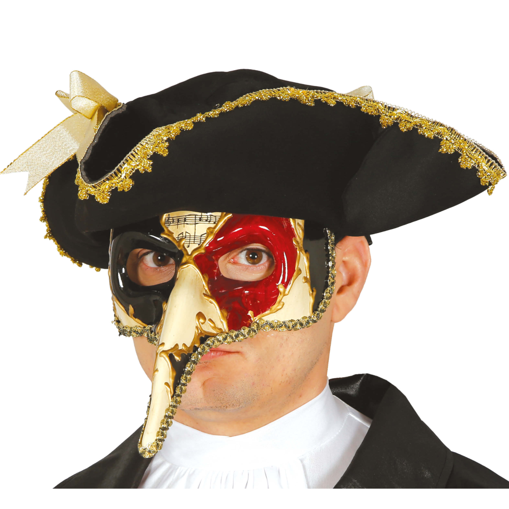 MASCHERA VENEZIANA NASO LUNGO DECORATA CON NOTE MUSICALI ACCESSORIO CARNEVALE - 12925