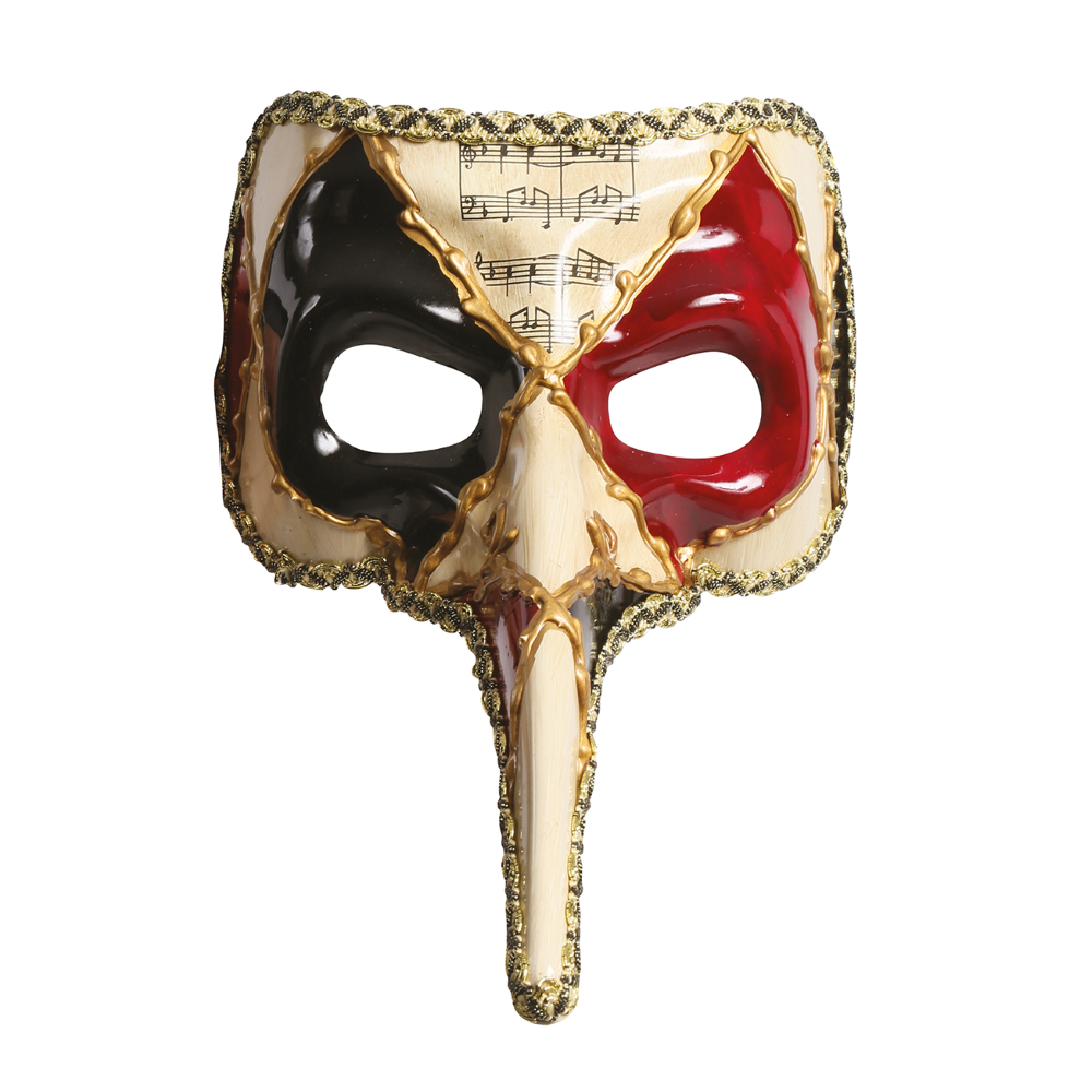 MASCHERA VENEZIANA NASO LUNGO DECORATA CON NOTE MUSICALI ACCESSORIO CARNEVALE - 12925