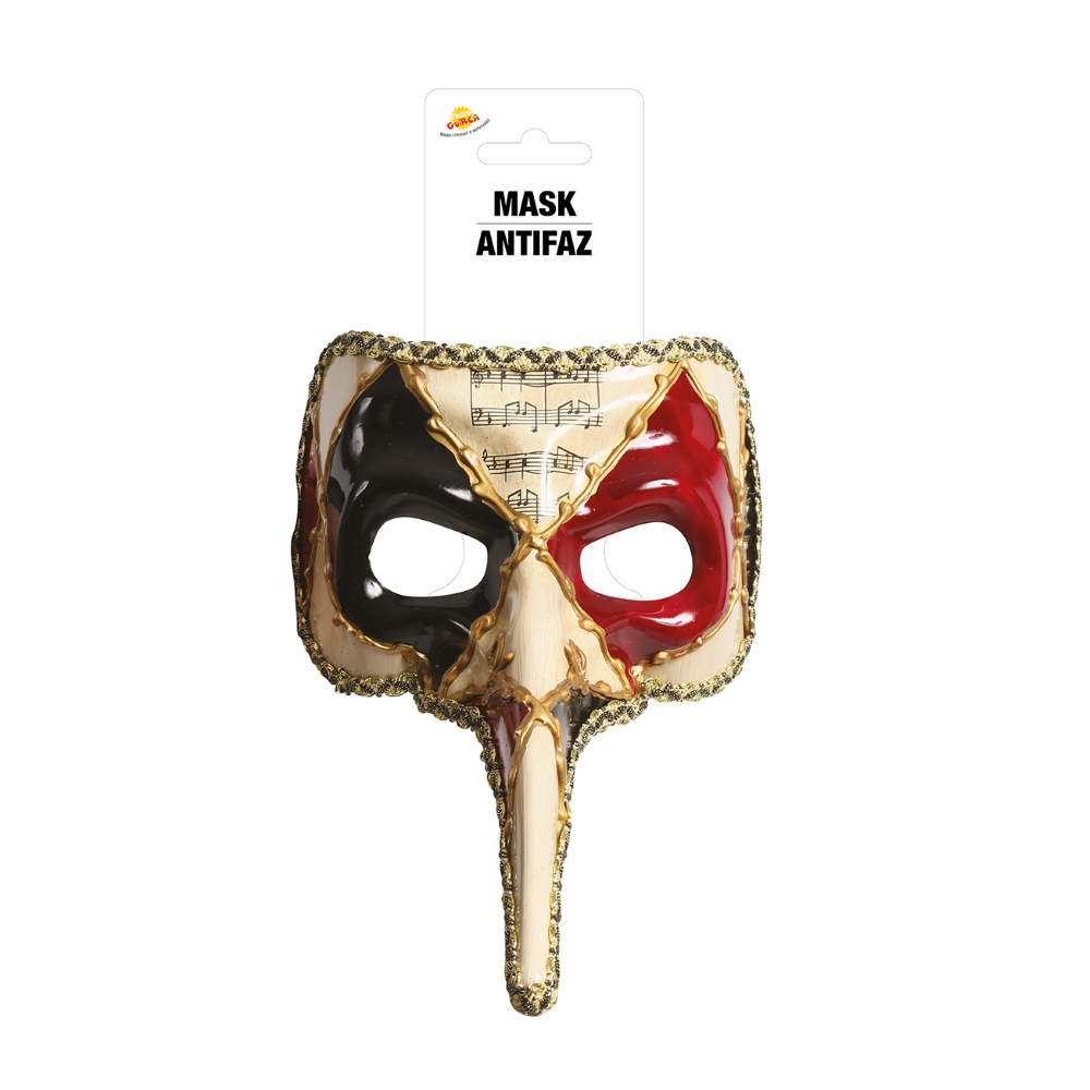 MASCHERA VENEZIANA NASO LUNGO DECORATA CON NOTE MUSICALI ACCESSORIO CARNEVALE - 12925