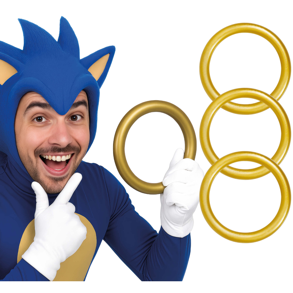 SET 3 ANELLI DORATI ACCESSORIO TRAVESTIMENTO CARNEVALE COSPLAY SONIC FESTE A TEMA - 27432