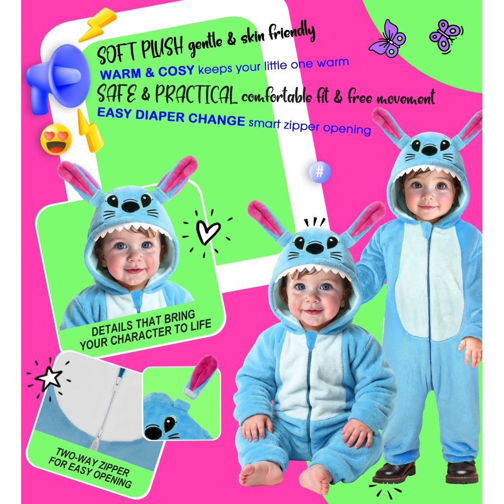 COSTUME MOSTRO STITCH IN MORBIDO VELLUTO TUTA CON CAPPUCCIO TRAVESTIMENTO CARNEVALE COSPLAY FESTE IN MASCHERA - 9542