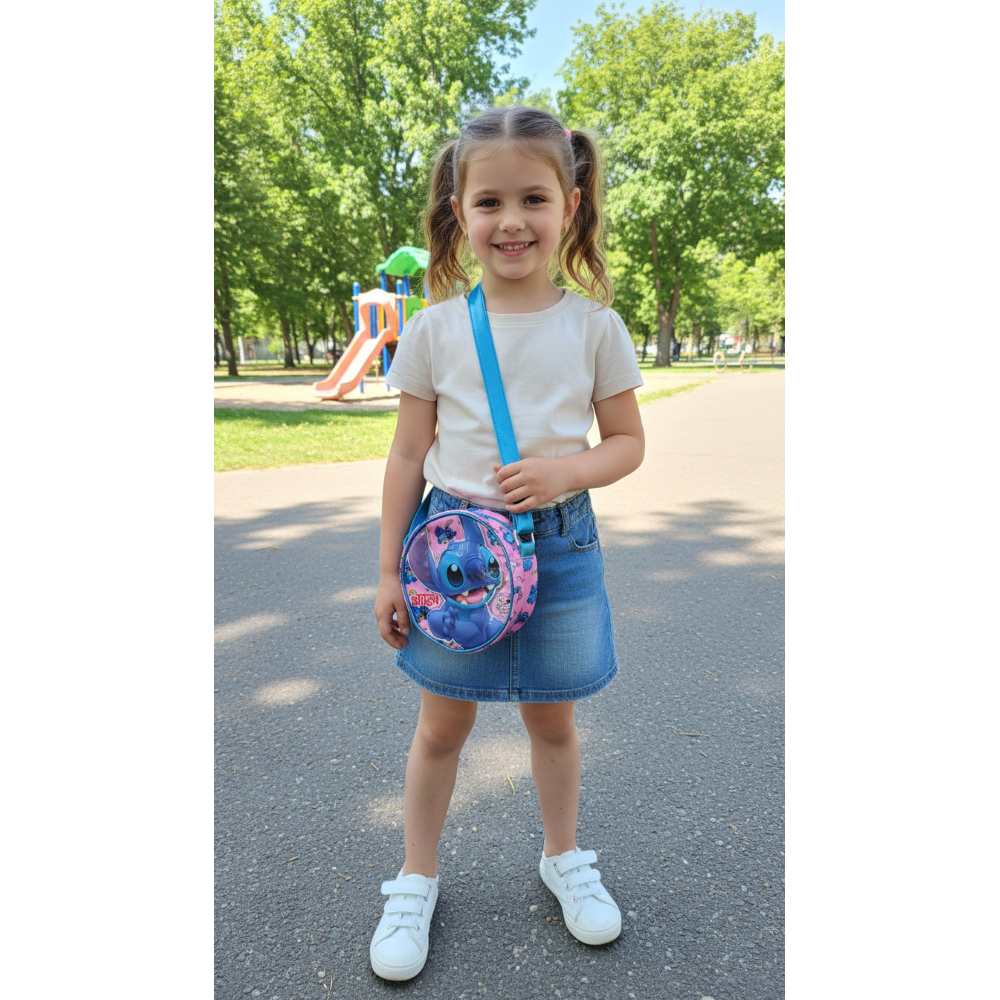 BORSA PASSEGGIO STITCH ANGEL DISNEY BORSETTA ROTONDA 17 CM CON TRACOLLA REGOLABILE- 09218