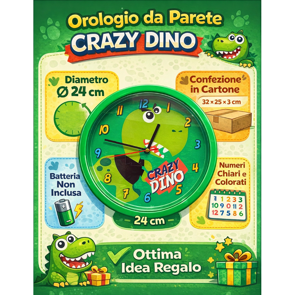 OROLOGIO CRAZY DINO DINOSAURI DA PARETE DIAMETRO CM. 24 - KL10770