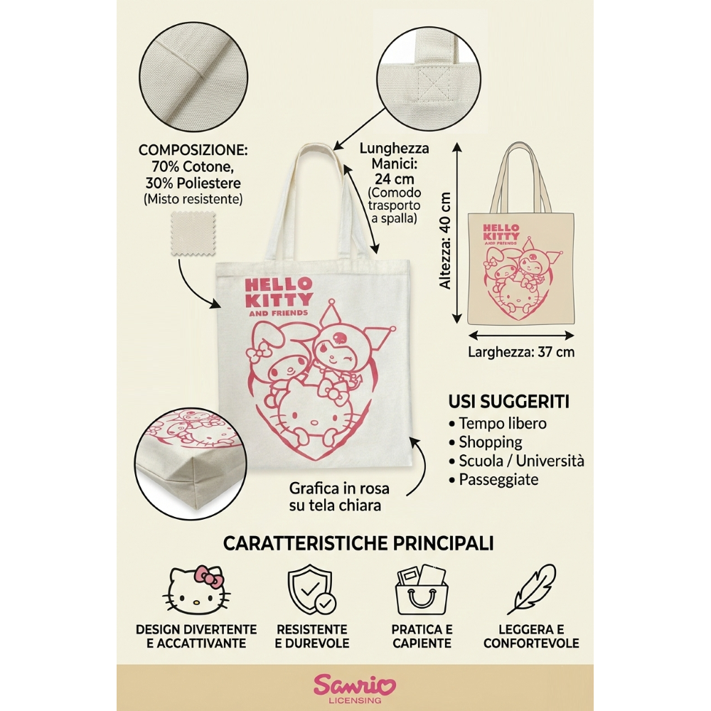 BORSA IN TELA RIUTILIZZABILE HELLO KITTY SANRIO BORSA SHOPPER MULTIFUNZIONE - NW1426