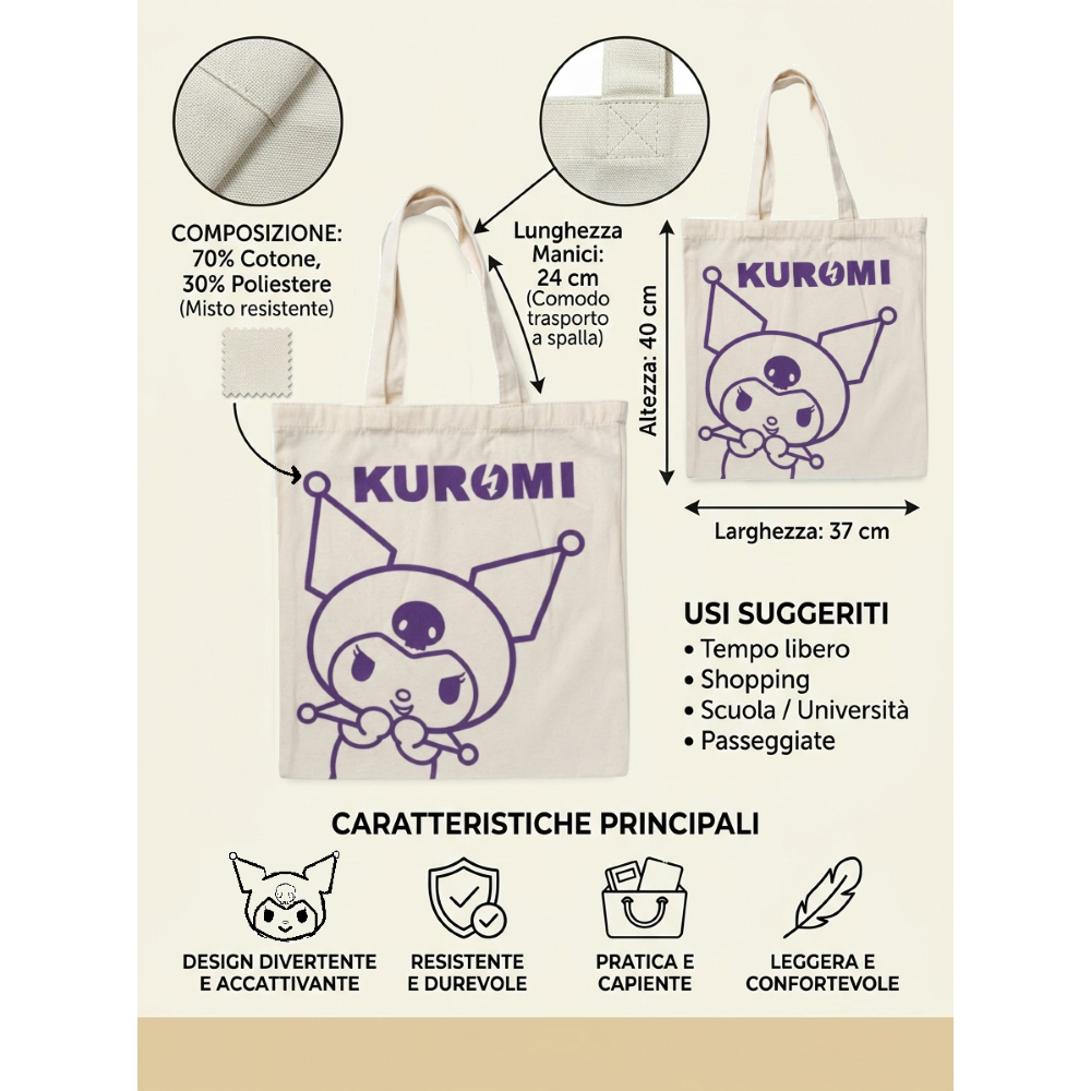 BORSA IN TELA RIUTILIZZABILE KUROMI SANRIO BORSA SHOPPER MULTIFUNZIONE - NW1425