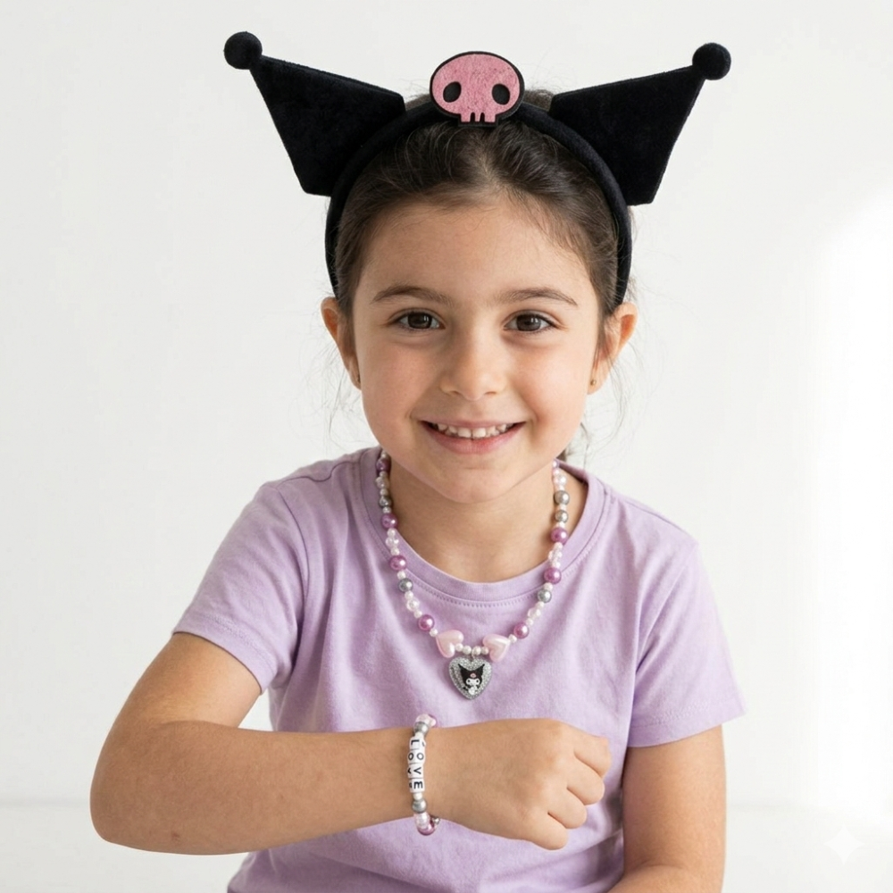 SET ACCESSORI KUROMI SANRIO BRACCIALE COLLANA CERCHIETTO CON ORECCHIE - 3438