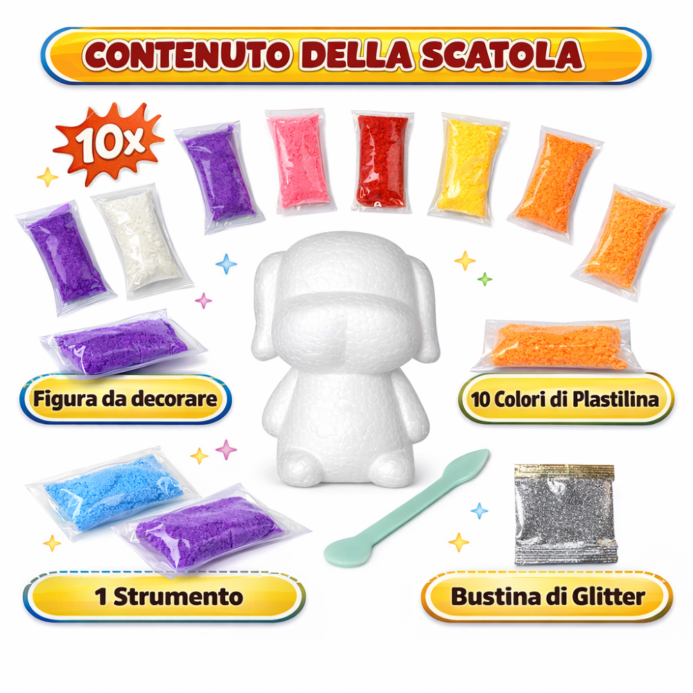 SET ATTIVITA' 13 PEZZI BAMBINO KEVIN IL CANE PLASTILINA 10 COLORI GLITTER STRUMENTI PER MODELLARE - OK0019