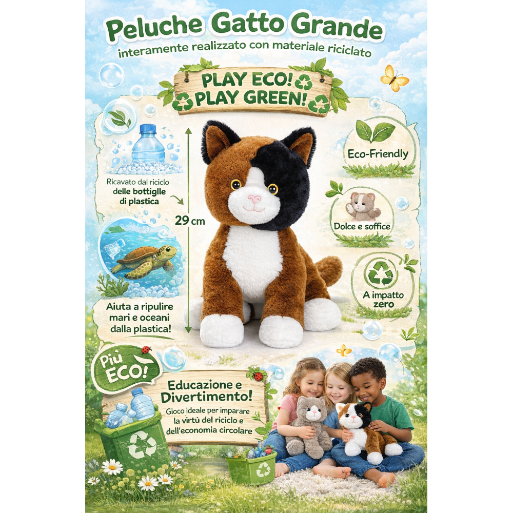 PELUCHE GATTO MARRONE GRS CM. 30 PLASTICA RECICLATA LELLY - 800201/3