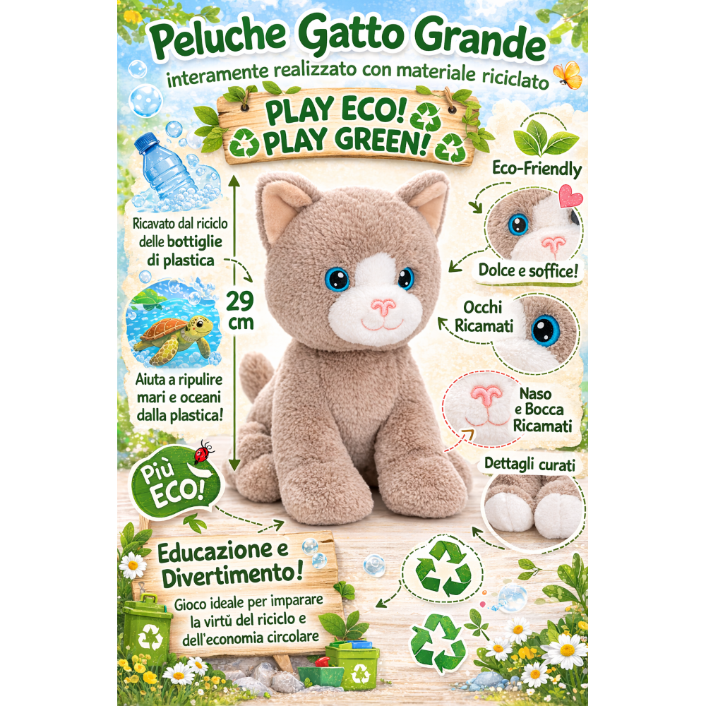 PELUCHE GATTO GRIGIO GRS CM. 30 PLASTICA RECICLATA LELLY - 800201/1