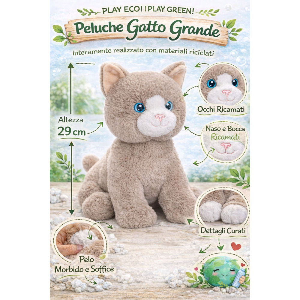 PELUCHE GATTO GRIGIO GRS CM. 30 PLASTICA RECICLATA LELLY - 800201/1