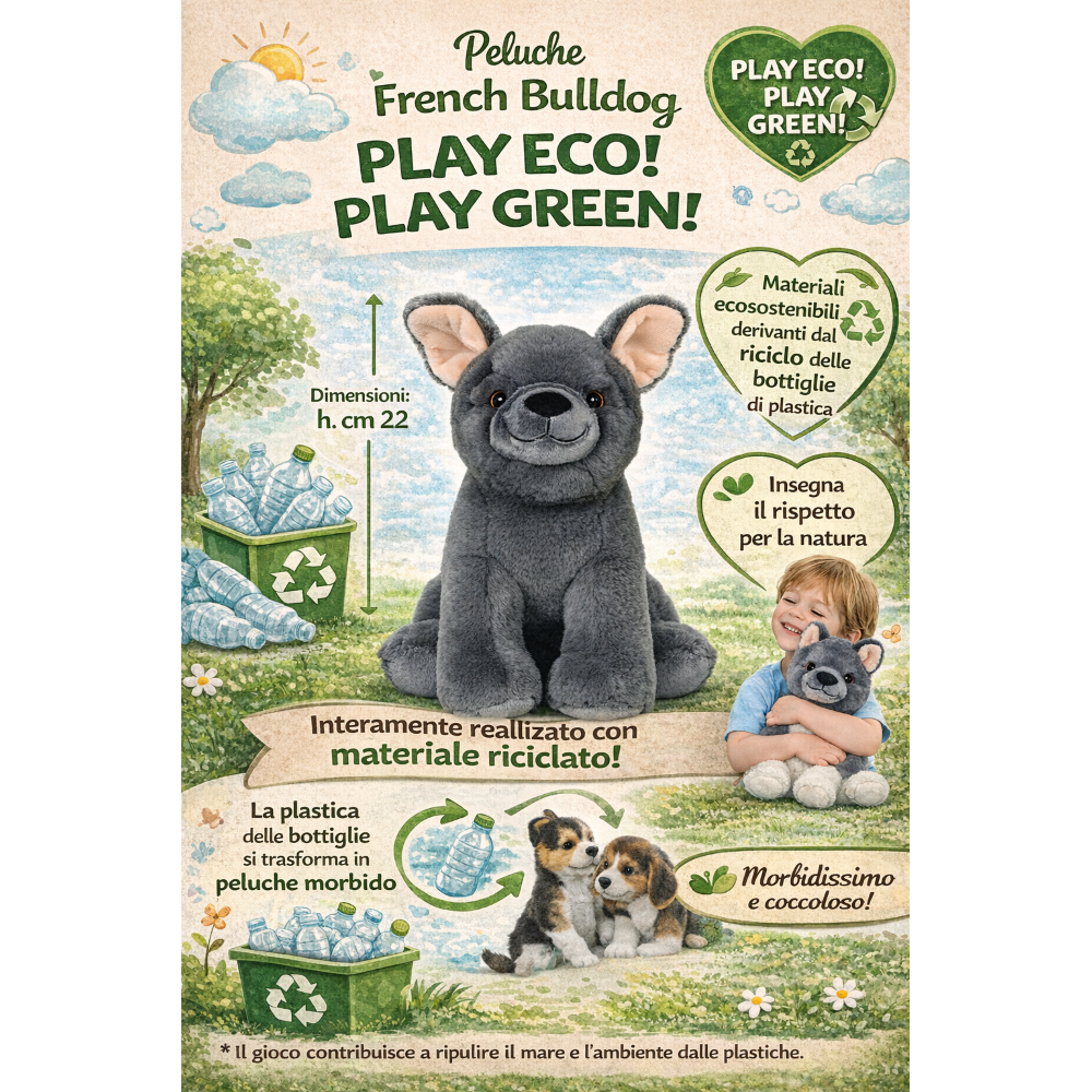PELUCHE CANE FRENCH BULLDOG GRS CM. 25 PLASTICA RECICLATA LELLY - 800212