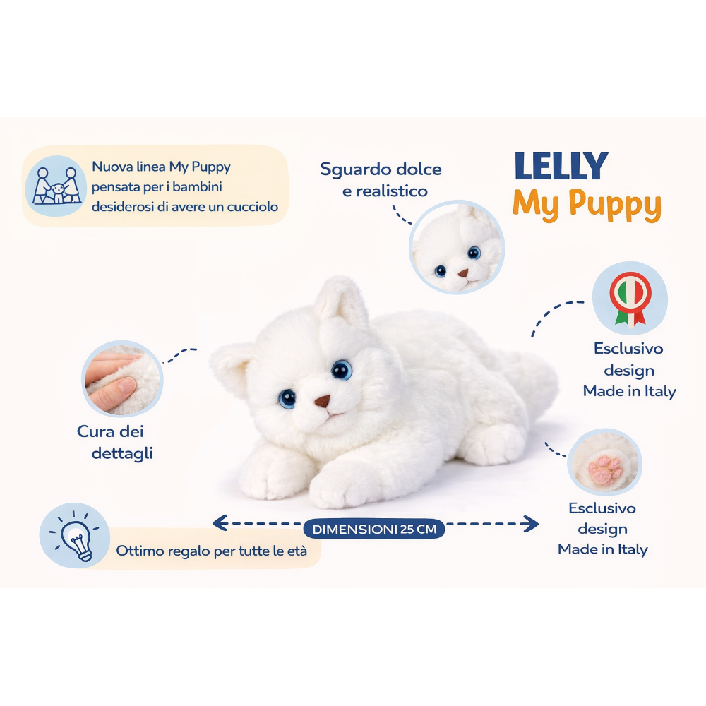 PELUCHE GATTO MILU CM 25 PUPAZZO GATTO BIANCO PER BAMBINI LELLY - 631904