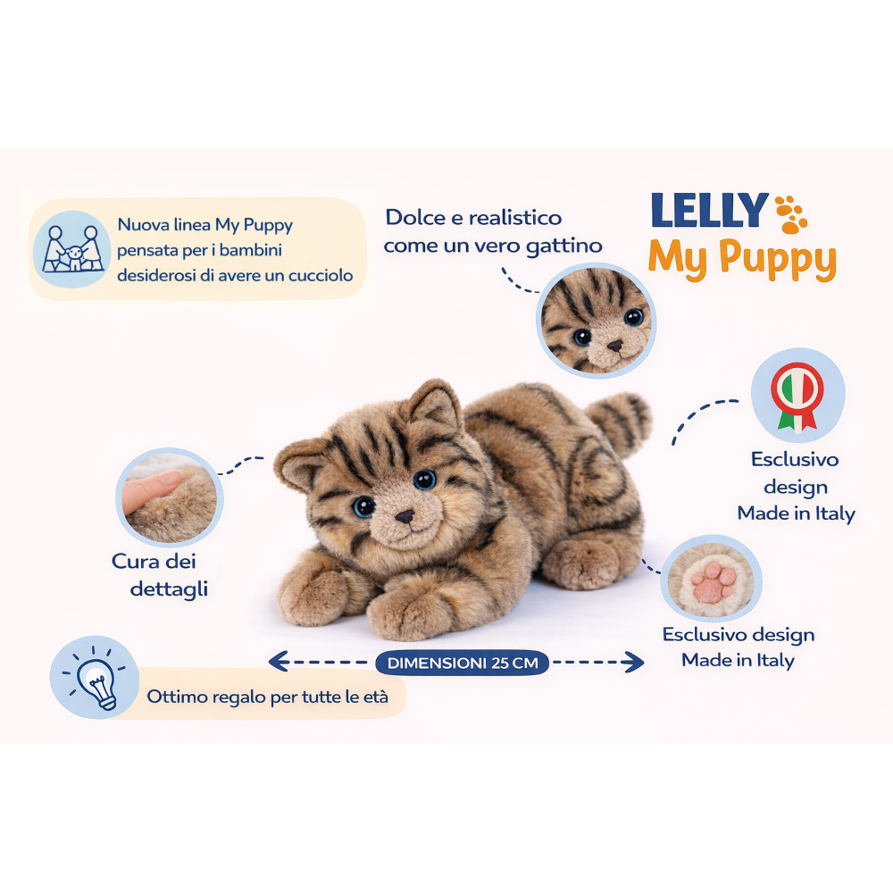 PELUCHE GATTO MILU CM 25 PUPAZZO GATTO GRIGIO PER BAMBINI LELLY - 631904