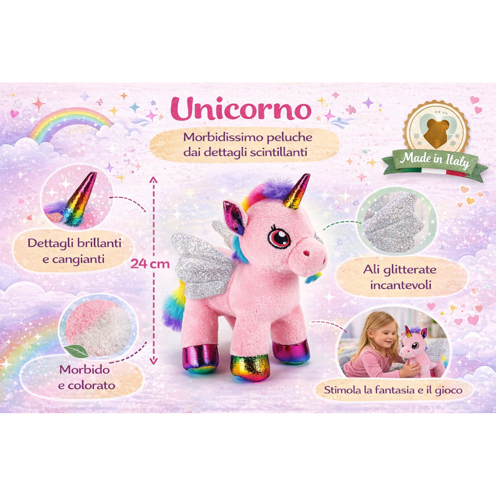 PELUCHE UNICORNO ROSA CM 25 PUPAZZO PER BAMBINI CON DETTAGLI GLITTERATI LELLY - 721012