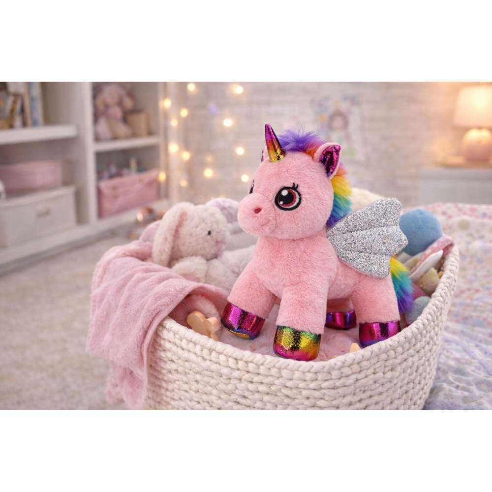 PELUCHE UNICORNO ROSA CM 25 PUPAZZO PER BAMBINI CON DETTAGLI GLITTERATI LELLY - 721012