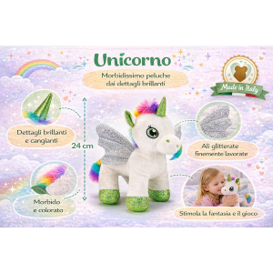 PELUCHE UNICORNO BIANCO CM 25 PUPAZZO PER BAMBINI CON DETTAGLI GLITTERATI LELLY - 721012