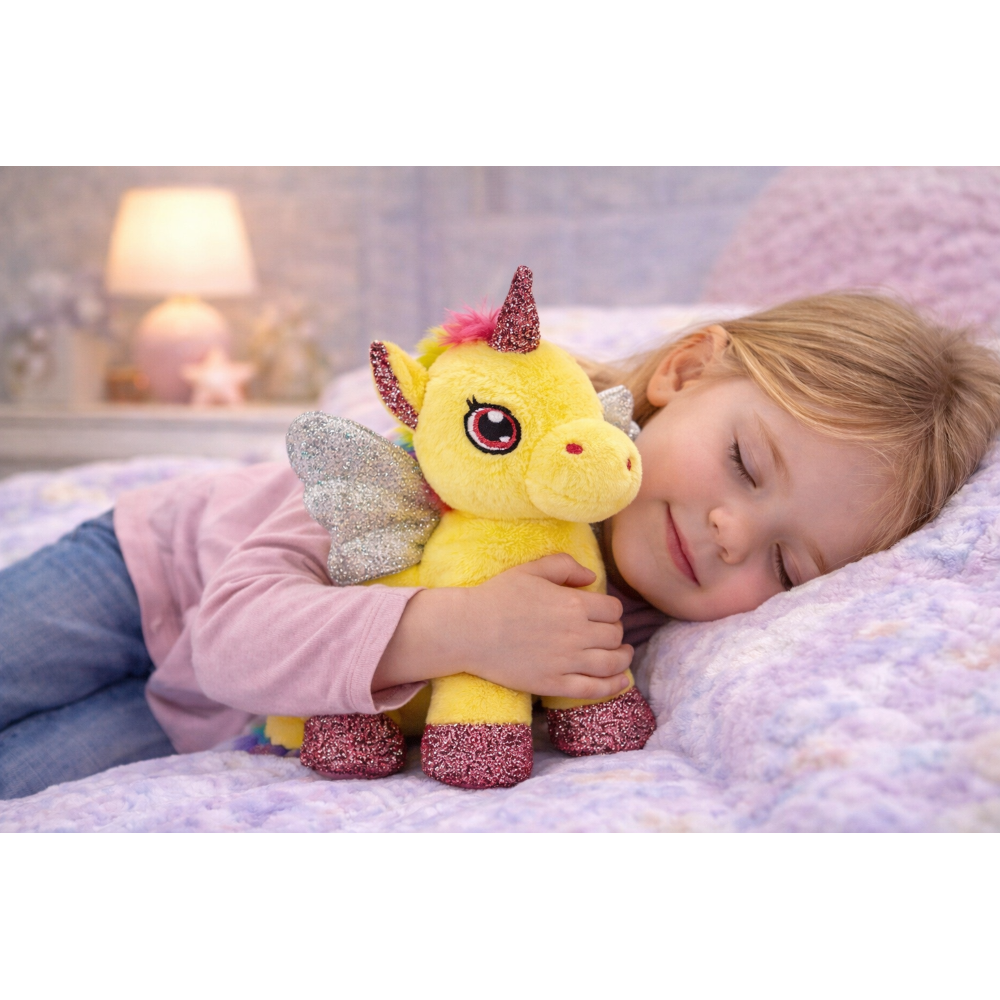 PELUCHE UNICORNO GIALLO CM 25 PUPAZZO PER BAMBINI CON DETTAGLI GLITTERATI LELLY - 721012